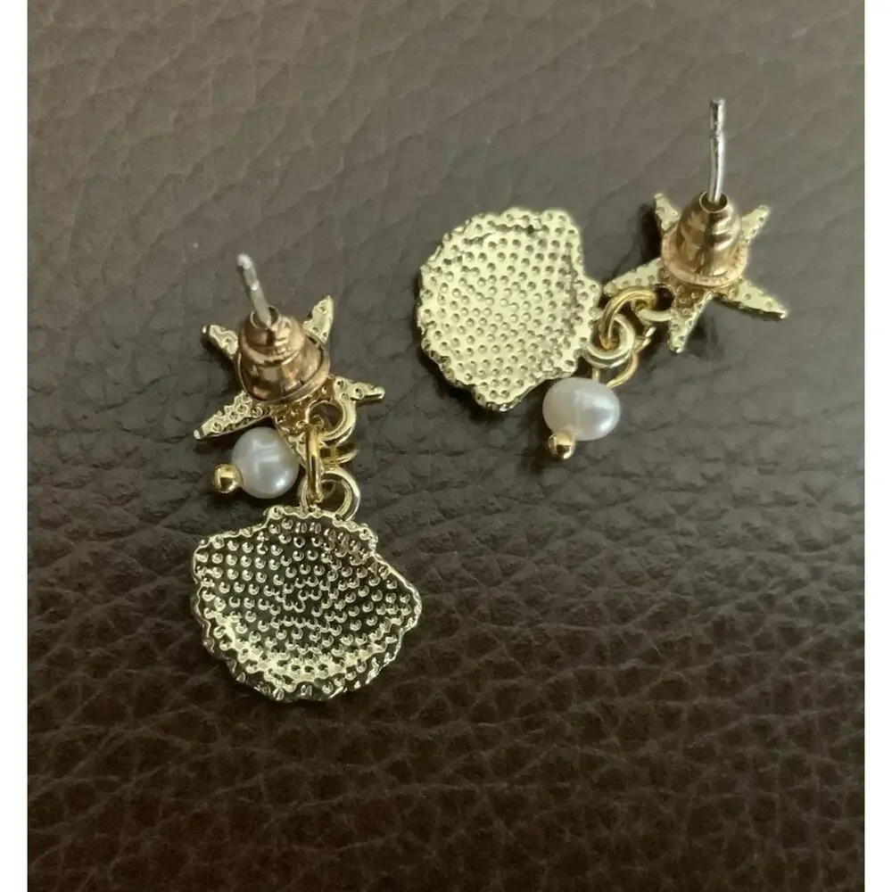 Anthropologie Seashell Earrings Starfish Pearl Gold Shell Boho 14k Plated Stud